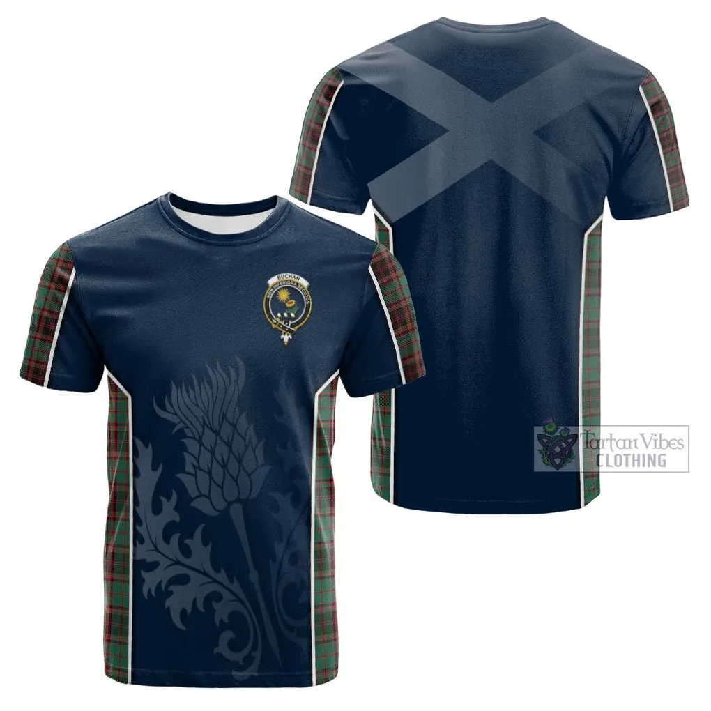 Buchan Ancient Tartan Cotton T-shirt with Family Crest and Scottish Thistle Vibes Sport Style