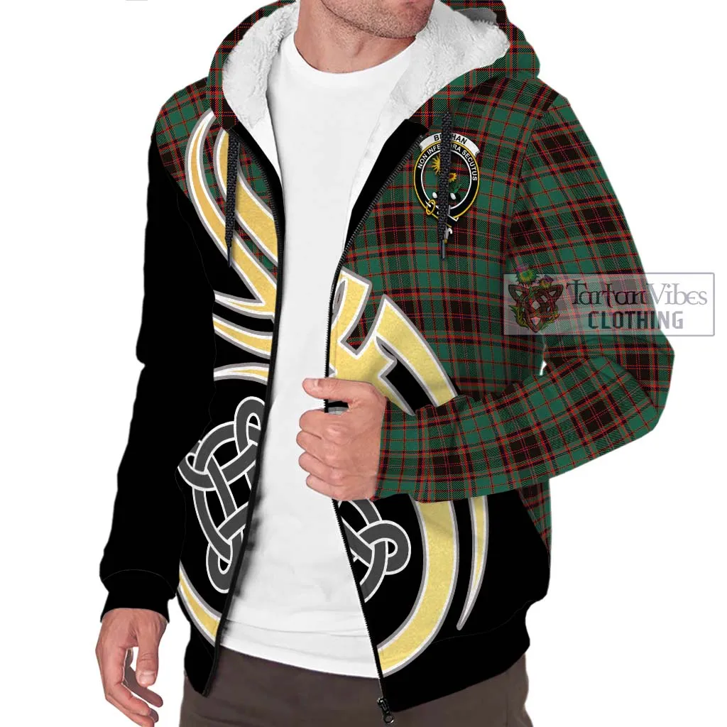 Buchan Ancient Tartan Sherpa Hoodie with Family Crest and Celtic Symbol Style