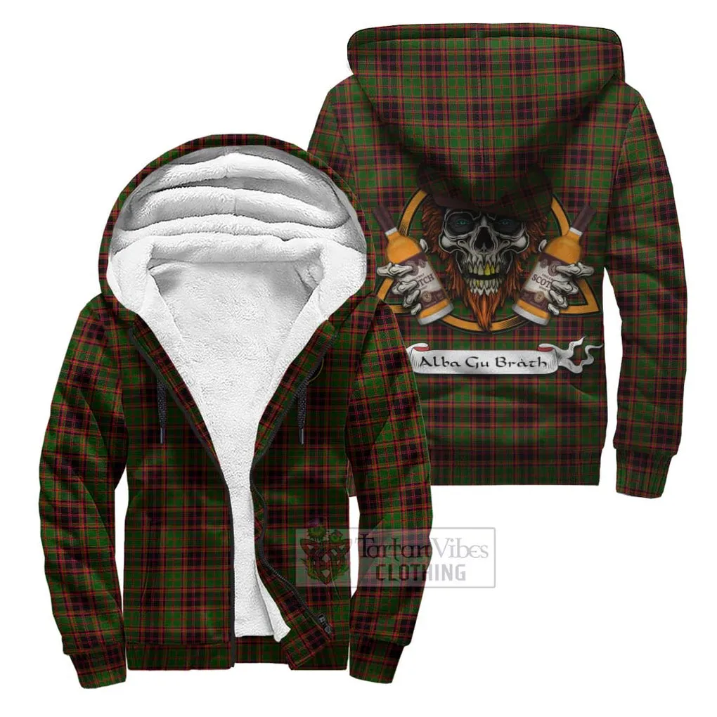 Buchan Tartan Sherpa Hoodie with Family Crest and Bearded Skull Holding Bottles of Whiskey