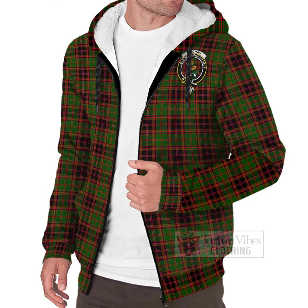 Buchan Tartan Sherpa Hoodie with Family Crest and Bearded Skull Holding Bottles of Whiskey