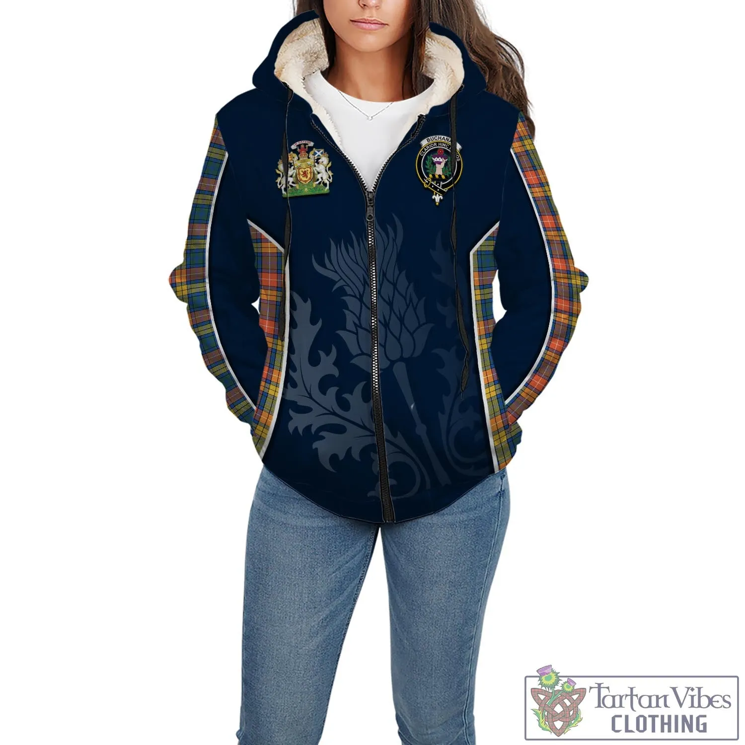 Buchanan Ancient Tartan Sherpa Hoodie with Family Crest and Scottish Thistle Vibes Sport Style