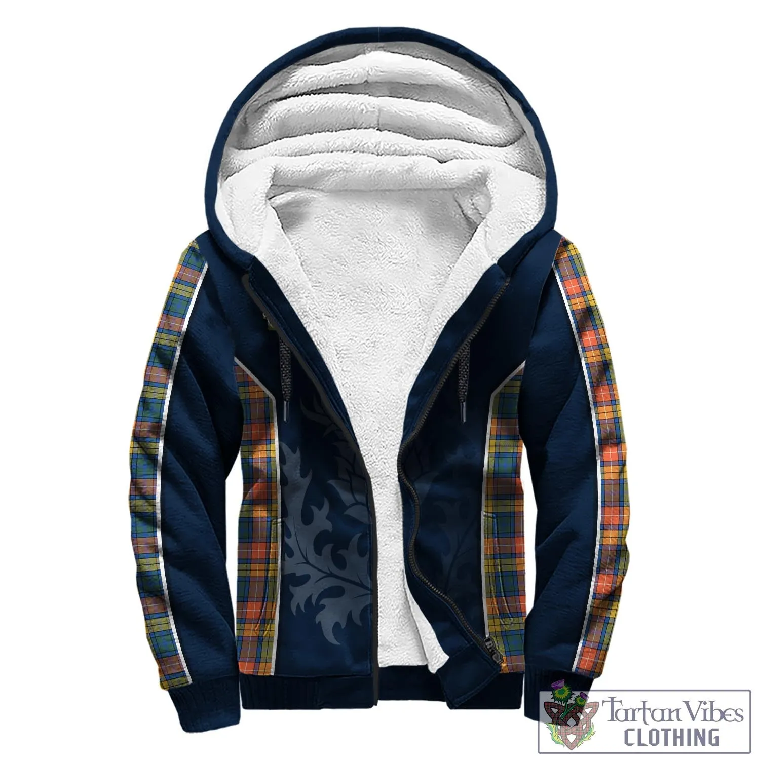 Buchanan Ancient Tartan Sherpa Hoodie with Family Crest and Scottish Thistle Vibes Sport Style