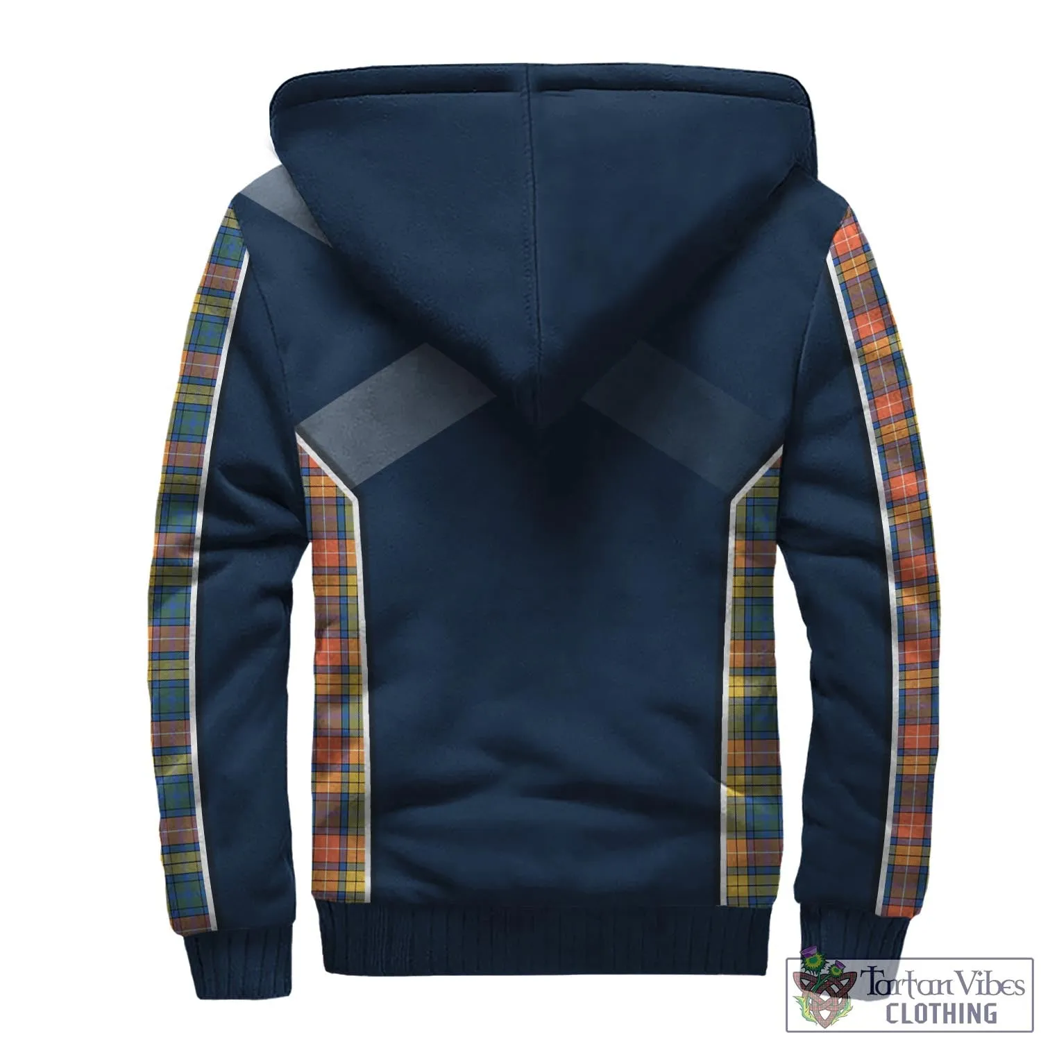 Buchanan Ancient Tartan Sherpa Hoodie with Family Crest and Scottish Thistle Vibes Sport Style