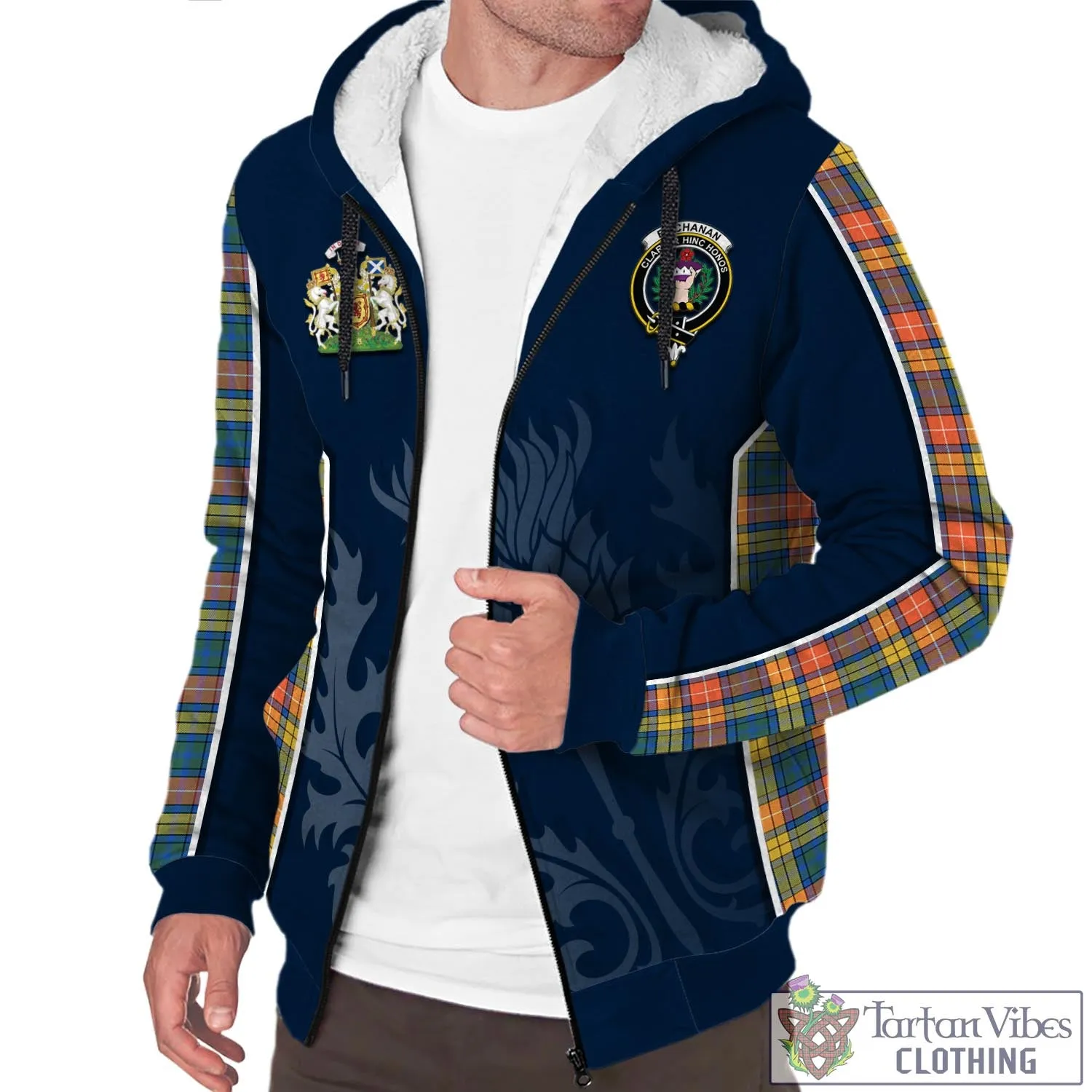 Buchanan Ancient Tartan Sherpa Hoodie with Family Crest and Scottish Thistle Vibes Sport Style