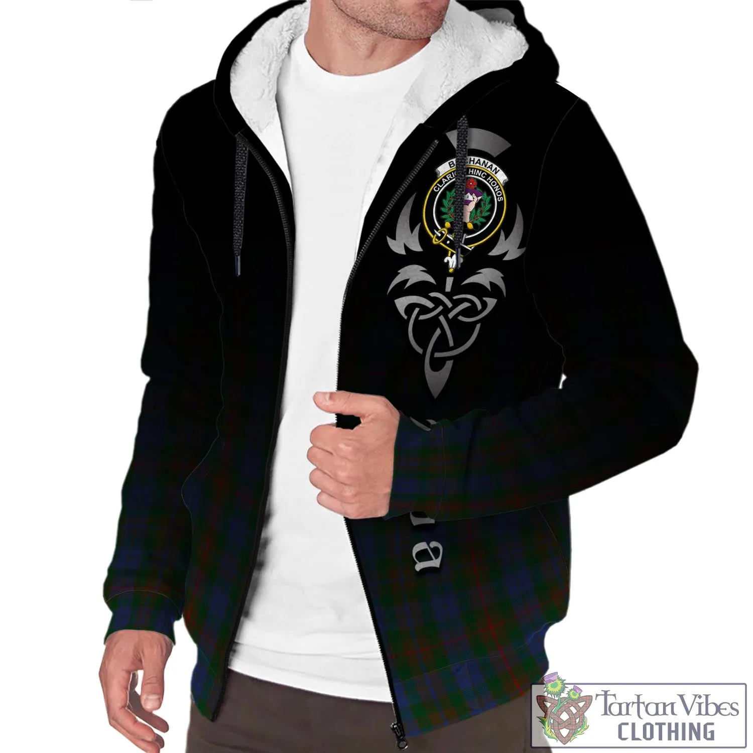 Buchanan Hunting Tartan Sherpa Hoodie Featuring Alba Gu Brath Family Crest Celtic Inspired