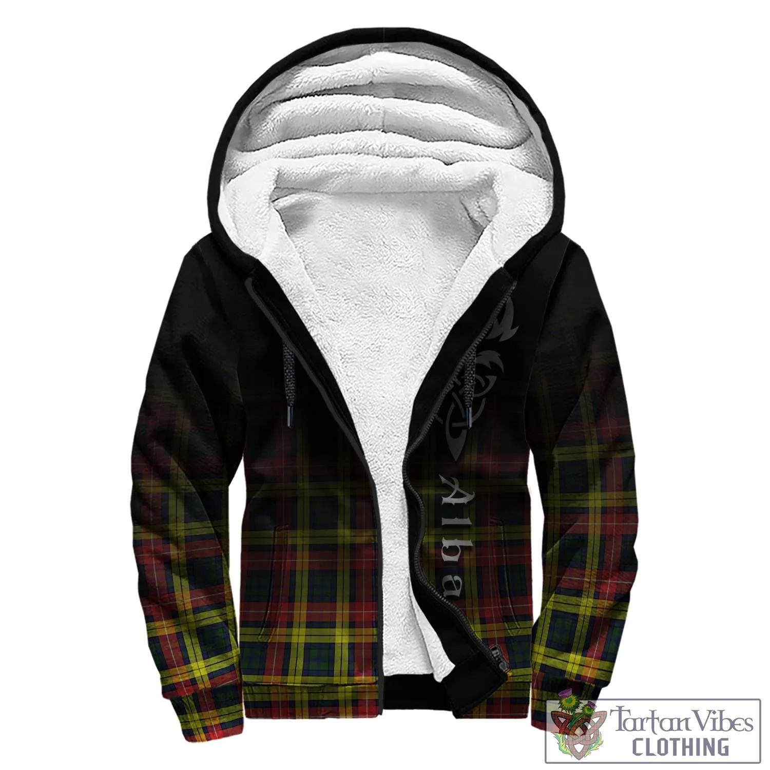 Buchanan Modern Tartan Sherpa Hoodie Featuring Alba Gu Brath Family Crest Celtic Inspired