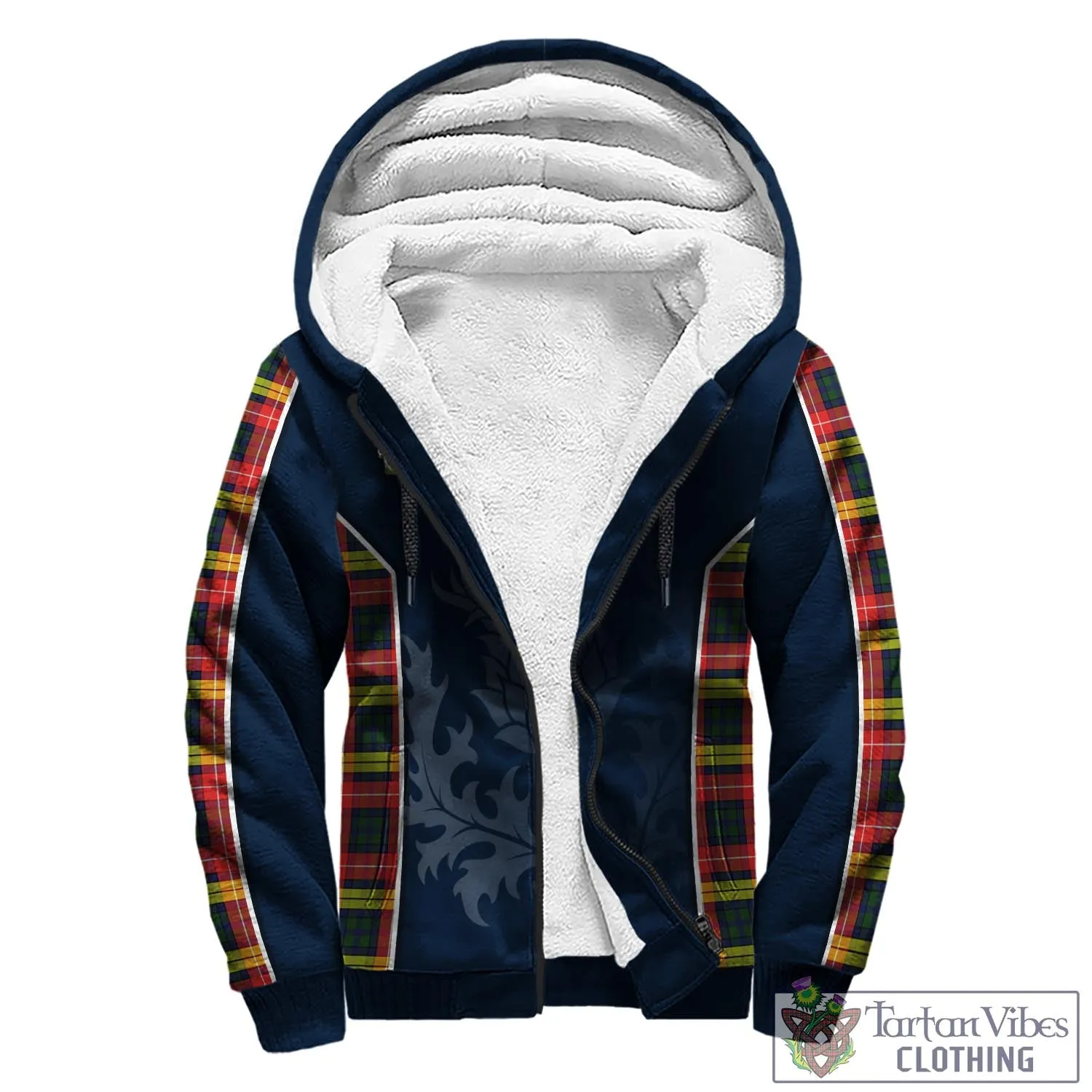 Buchanan Modern Tartan Sherpa Hoodie with Family Crest and Scottish Thistle Vibes Sport Style