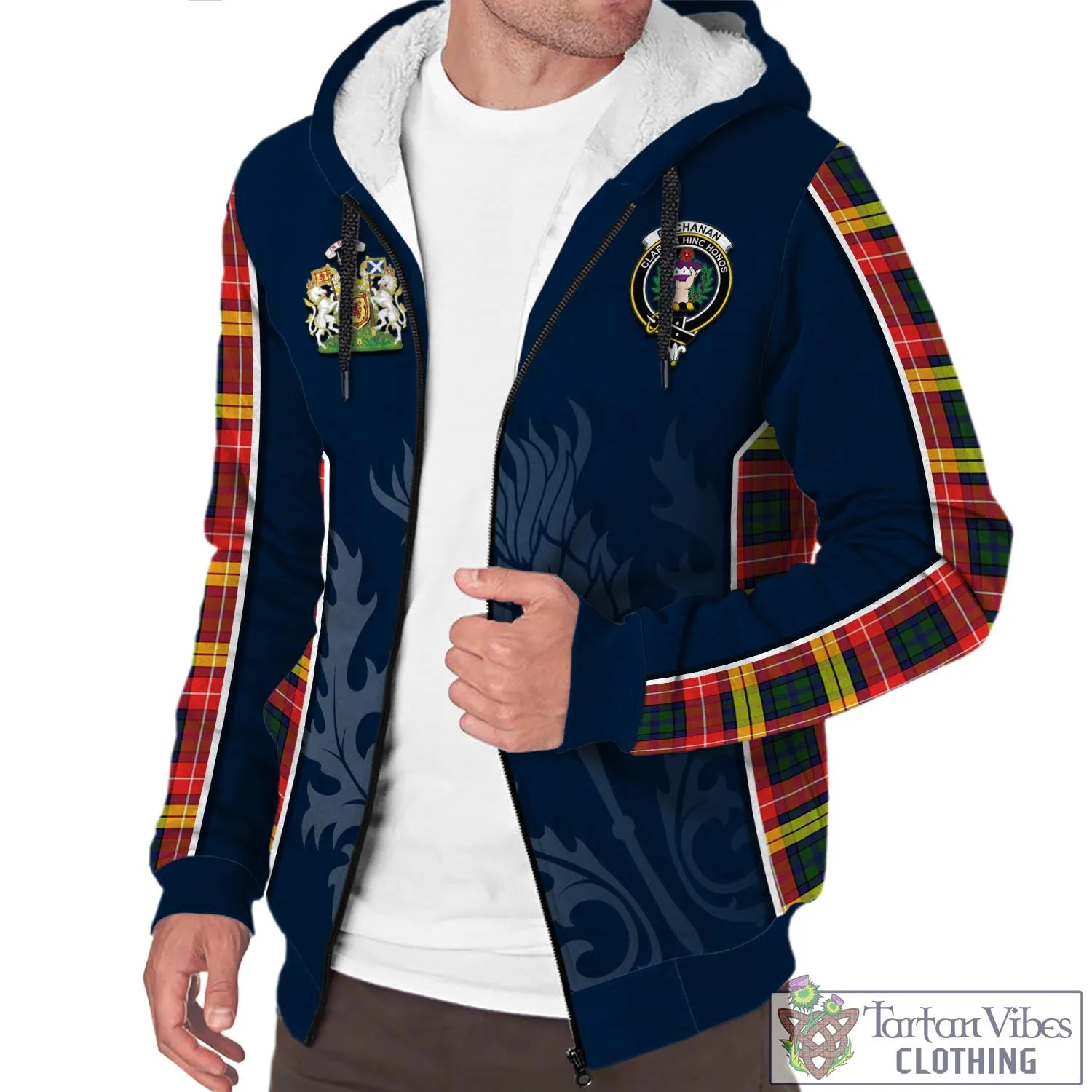 Buchanan Modern Tartan Sherpa Hoodie with Family Crest and Scottish Thistle Vibes Sport Style