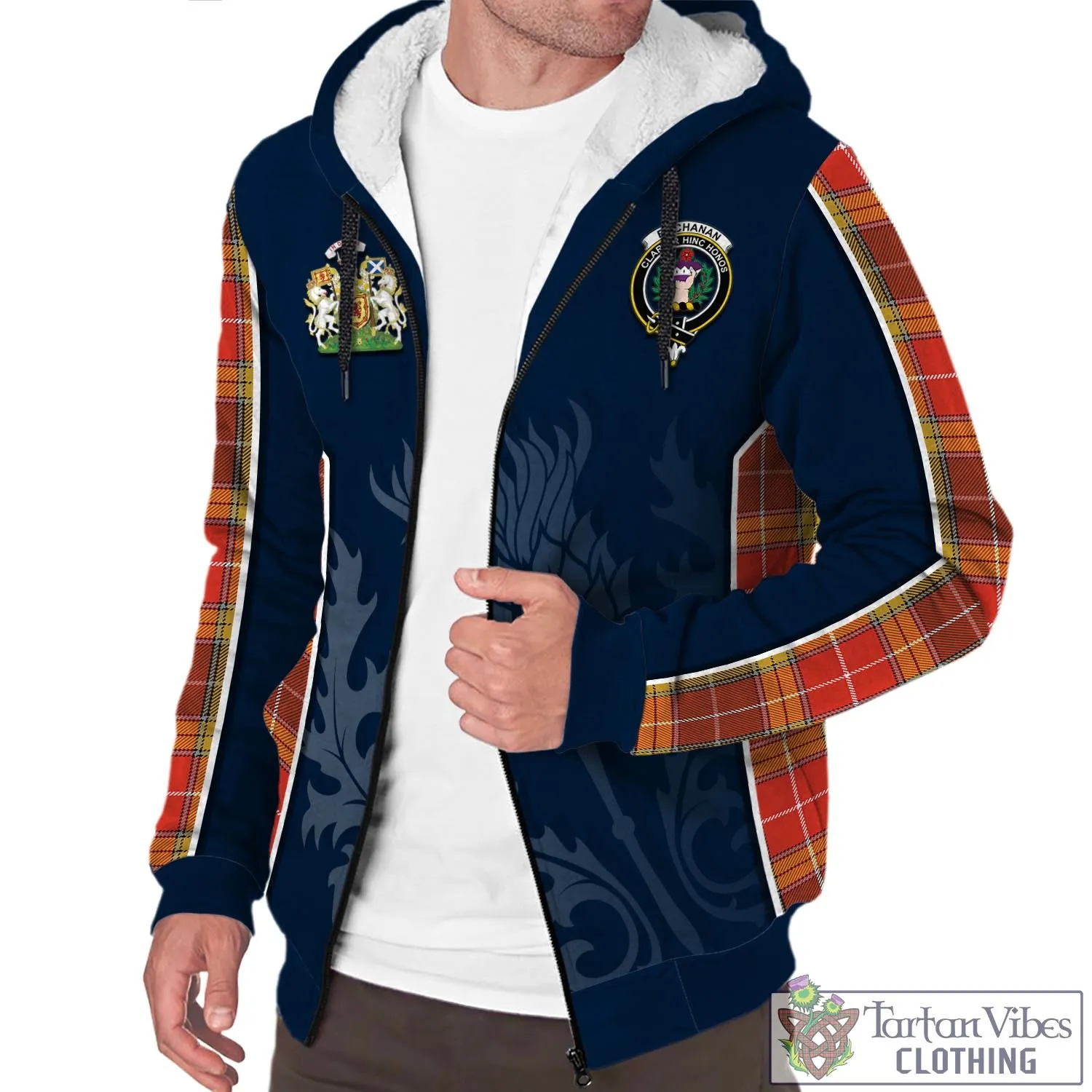 Buchanan Old Set Weathered Tartan Sherpa Hoodie with Family Crest and Scottish Thistle Vibes Sport Style