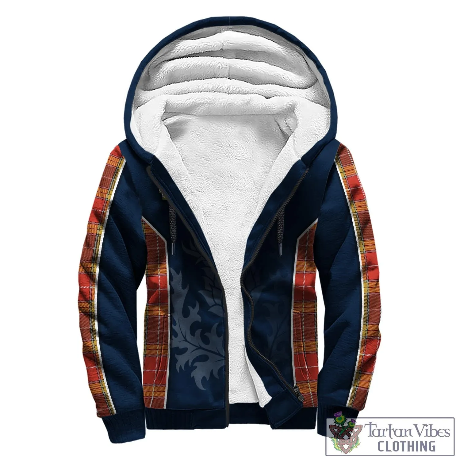 Buchanan Old Set Weathered Tartan Sherpa Hoodie with Family Crest and Scottish Thistle Vibes Sport Style