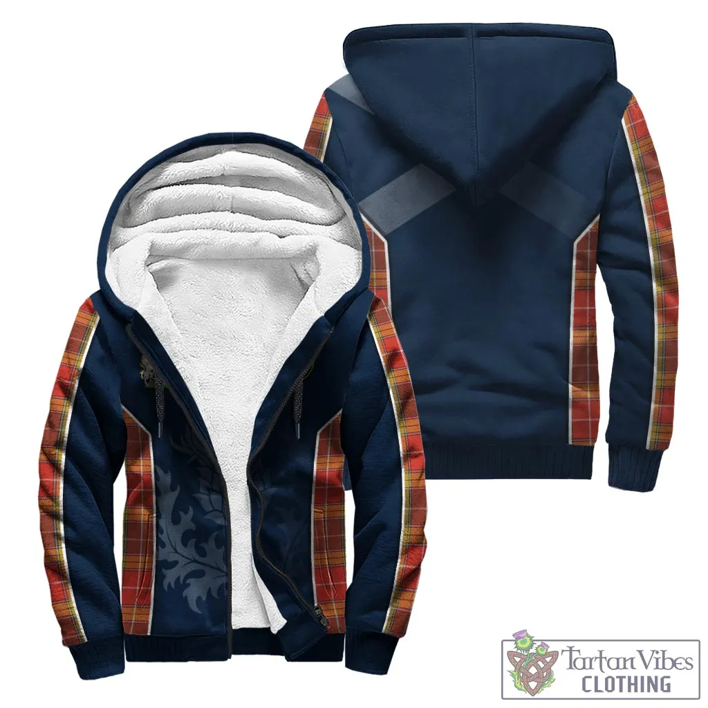 Buchanan Old Set Weathered Tartan Sherpa Hoodie with Family Crest and Scottish Thistle Vibes Sport Style