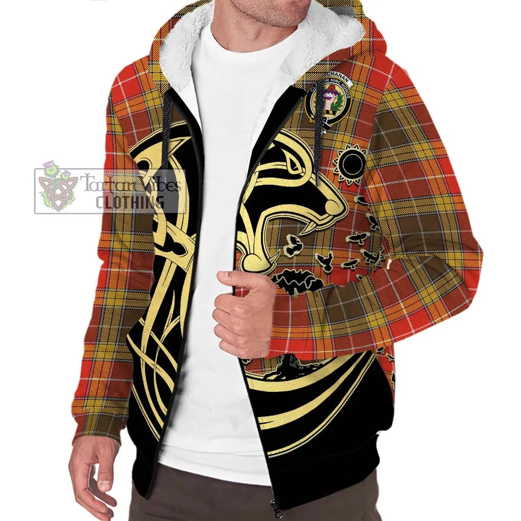 Buchanan Old Set Weathered Tartan Sherpa Hoodie with Family Crest Celtic Wolf Style