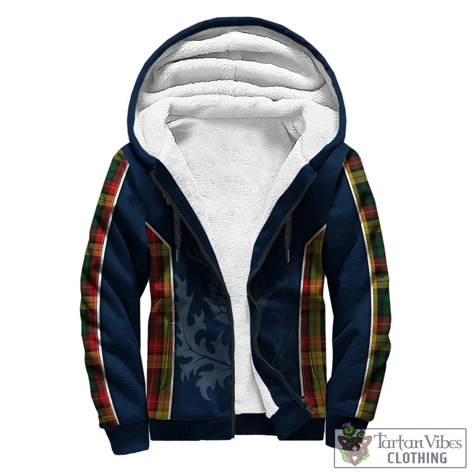 Buchanan Tartan Sherpa Hoodie with Family Crest and Scottish Thistle Vibes Sport Style