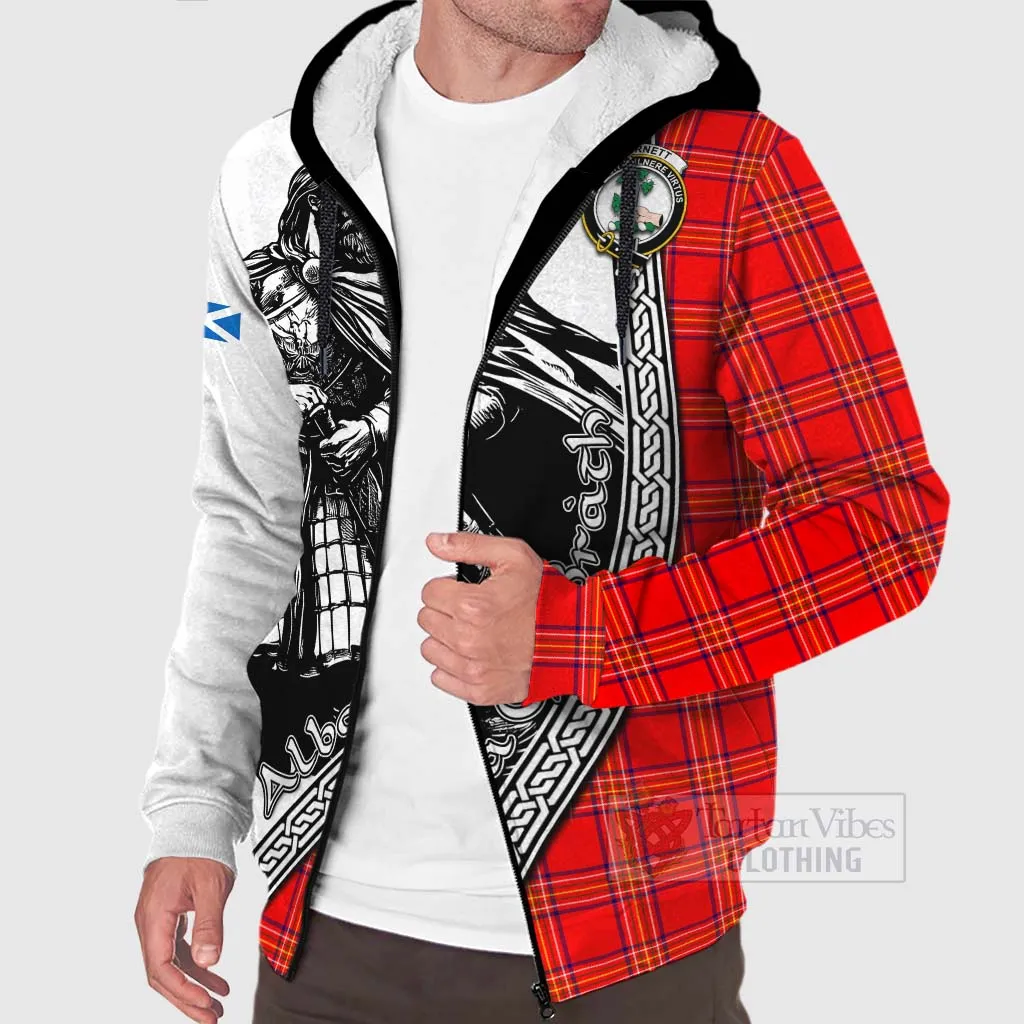 Burnett Tartan Clan Crest Sherpa Hoodie with Highlander Warrior Celtic Style