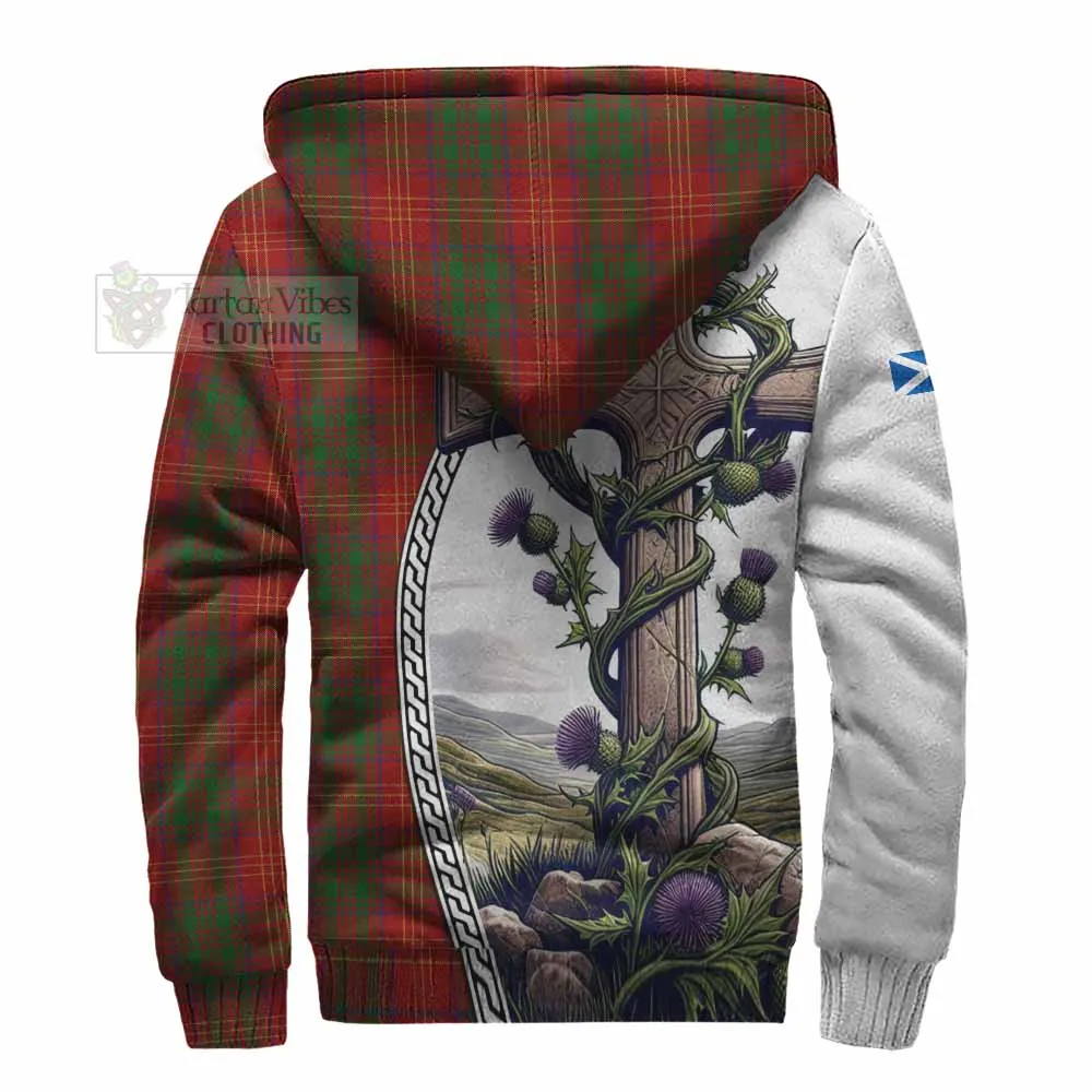 Burns Tartan Sherpa Hoodie with Family Crest and St. Andrew's Cross Accented by Thistle Vines