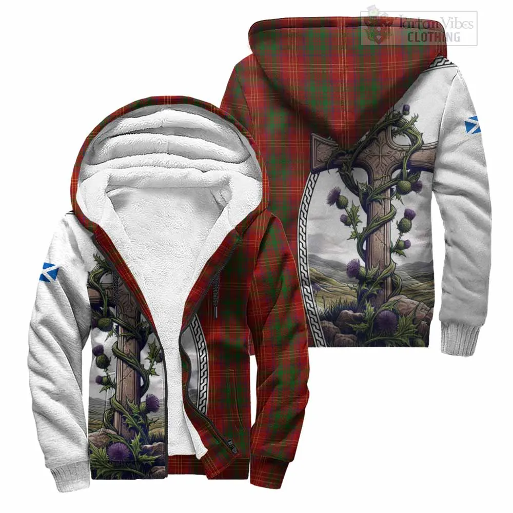 Burns Tartan Sherpa Hoodie with Family Crest and St. Andrew's Cross Accented by Thistle Vines