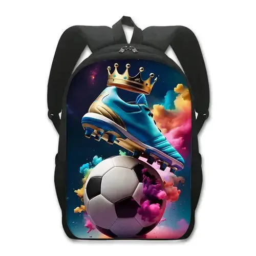 Cool Golden Soccer with Crown Print Backpack Football Sport Rucksack