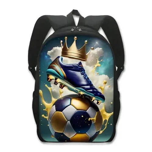 Cool Golden Soccer with Crown Print Backpack Football Sport Rucksack