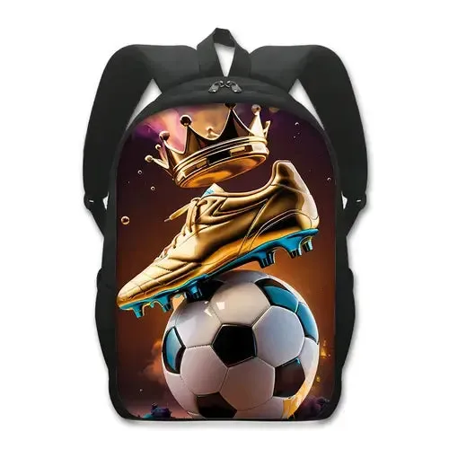 Cool Golden Soccer with Crown Print Backpack Football Sport Rucksack