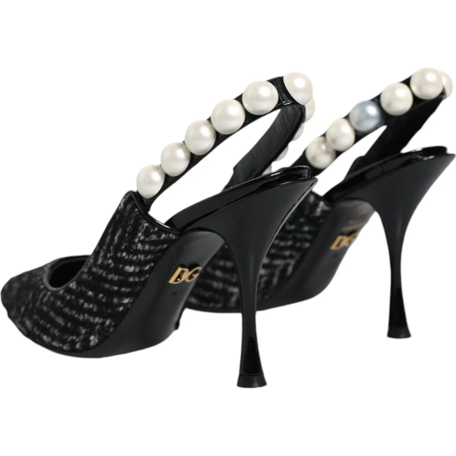 Dolce & Gabbana White Black Chevron Faux Pearl Slingback Shoes