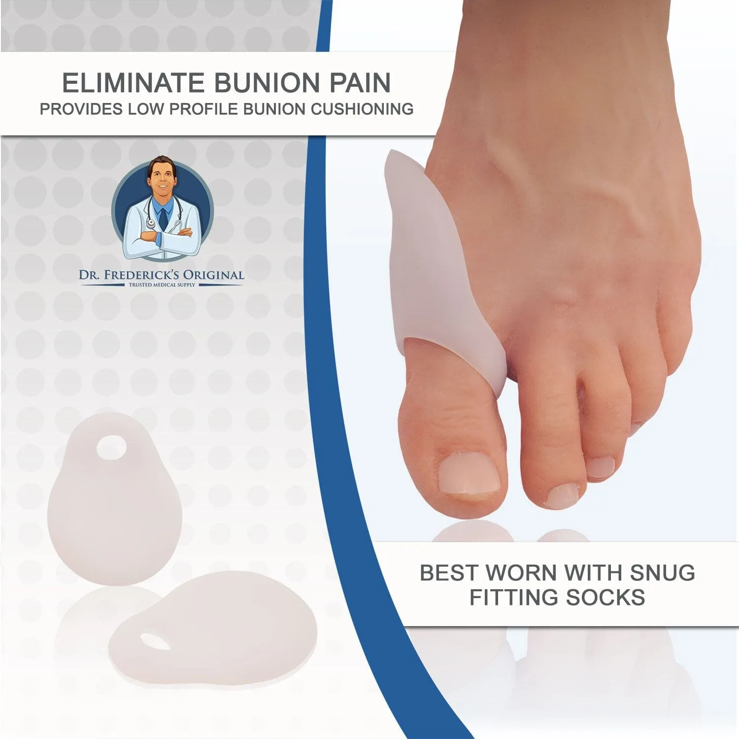 Dr. Frederick's Original Low-Profile Bunion Cushion Set - 2 Pieces - Gel Bunion Pad to Relieve Hallux Valgus Pain - Slim, Convenient, Reusable Bunion Shields - Perfect for Active Lifestyle