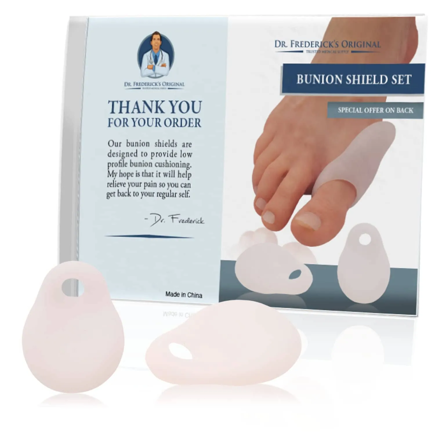 Dr. Frederick's Original Low-Profile Bunion Cushion Set - 2 Pieces - Gel Bunion Pad to Relieve Hallux Valgus Pain - Slim, Convenient, Reusable Bunion Shields - Perfect for Active Lifestyle