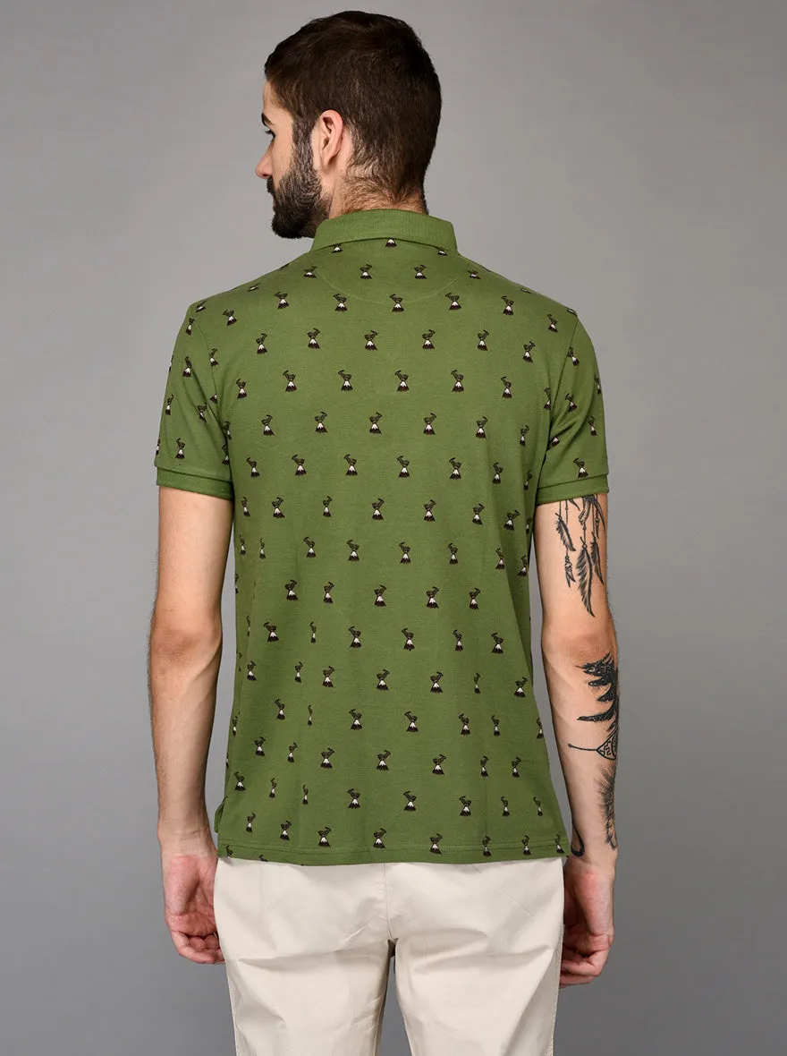 Green Printed Slim Fit Polo T-shirt | JadeBlue