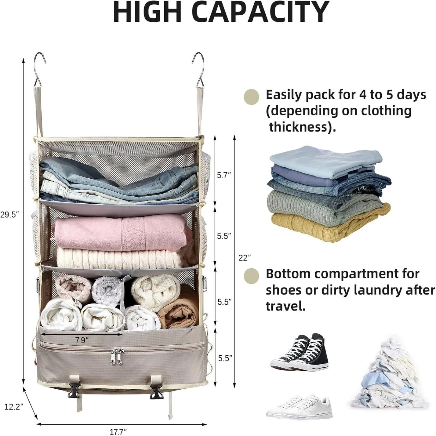 Hanging Packing Cube for Travel, Portable Shelves Organizer Bag