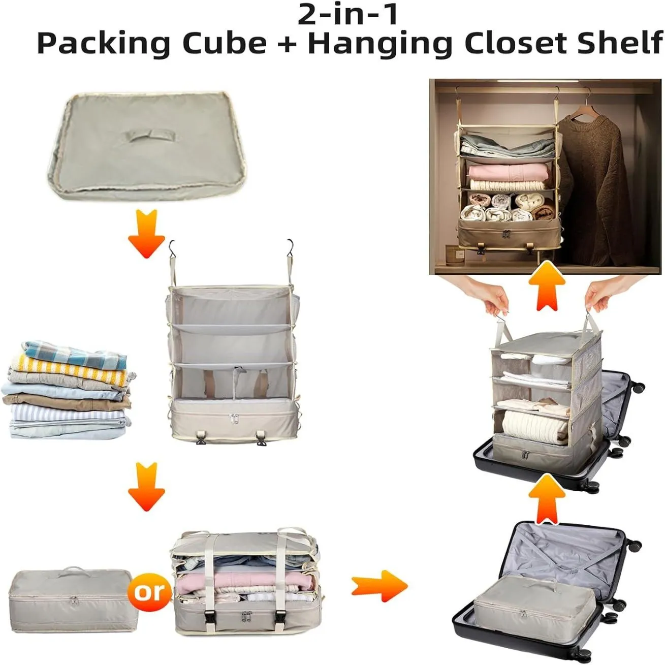 Hanging Packing Cube for Travel, Portable Shelves Organizer Bag