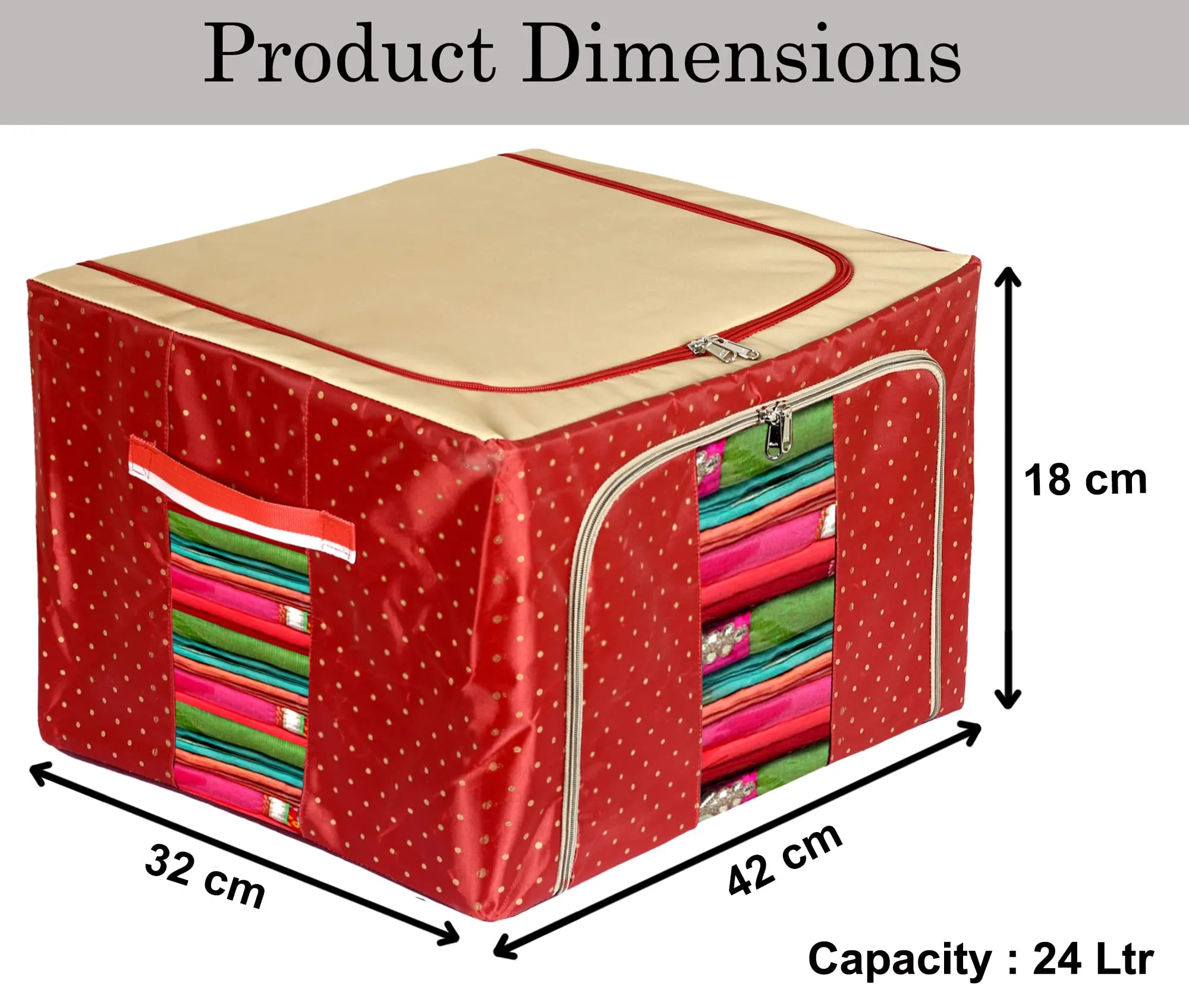 Heart Home Dot Printed Steel Frame Living Box, Closet Organizer, Cloth Storage Boxes for Wardrobe With Clear Window, 24Ltr.- Pack of 2 (Maroon & Brown)-44HH0228