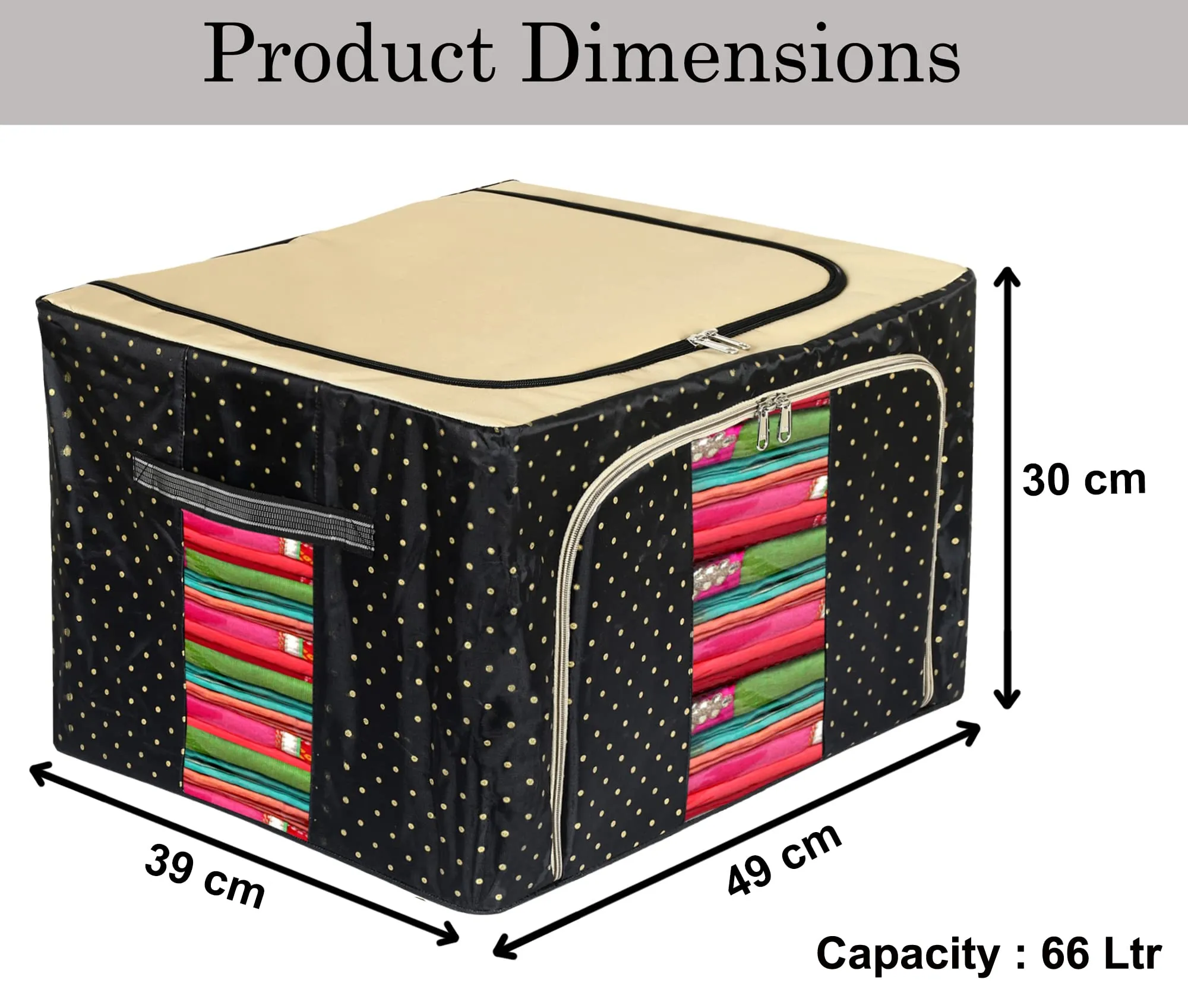 Heart Home Dot Printed Steel Frame Living Box, Closet Organizer, Cloth Storage Boxes for Wardrobe With Clear Window, 66Ltr. (Black & Grey)-44HH0254