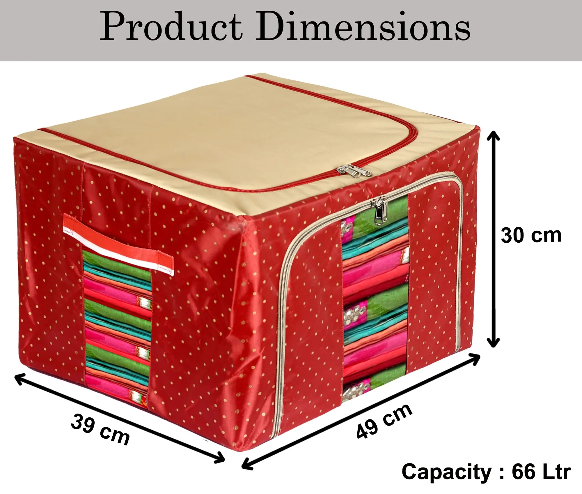 Heart Home Dot Printed Steel Frame Living Box, Closet Organizer, Cloth Storage Boxes for Wardrobe With Clear Window, 66Ltr.- Pack of 2 (Maroon & Brown)-44HH0260