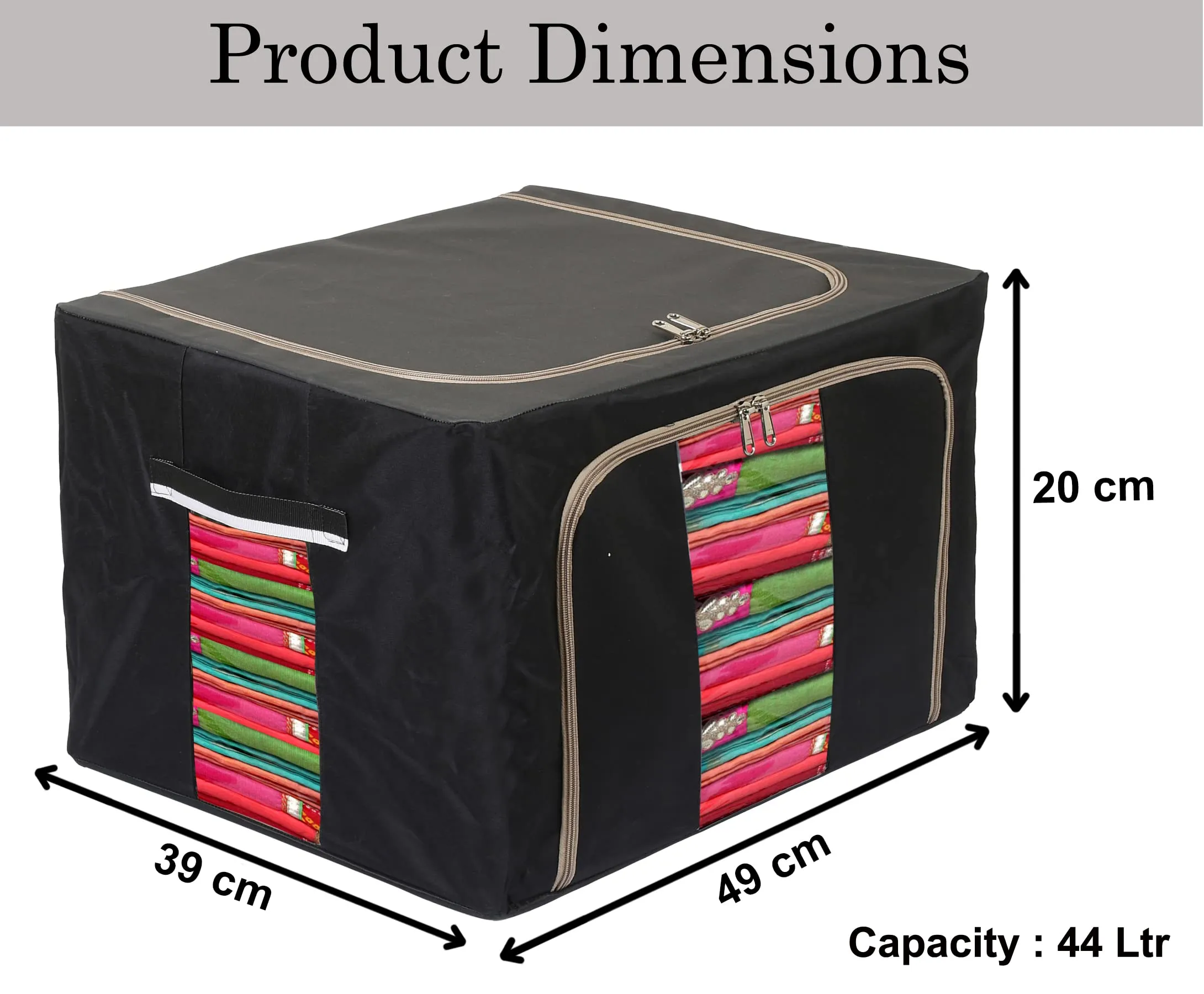 Heart Home Steel Frame Living Box, Closet Organizer, Cloth Storage Boxes for Wardrobe With Clear Window, 44Ltr. (Black & Grey)-44HH0302