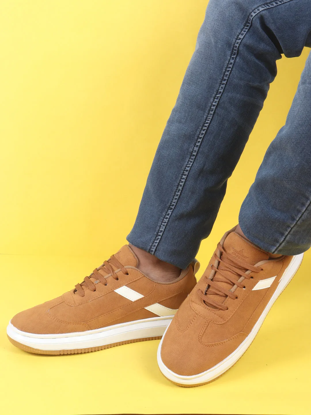 Men Tan Lace Up White Stripped Trendy All Day Comfortable Lightweight Sneakers Casual Shoes