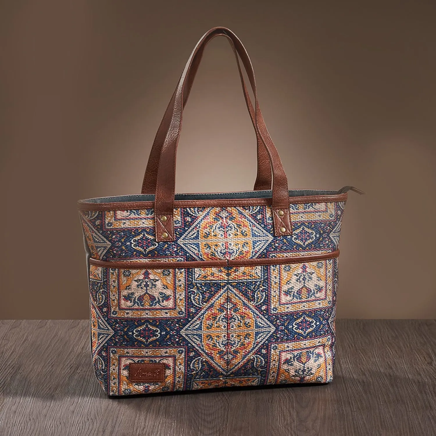 Mona B Large Kilim Inspired Canvas Handbag for Women | Zipper Tote Bag | Crossbody Bag | Stylish Vintage Shoulder Bags for Women: Chocolate