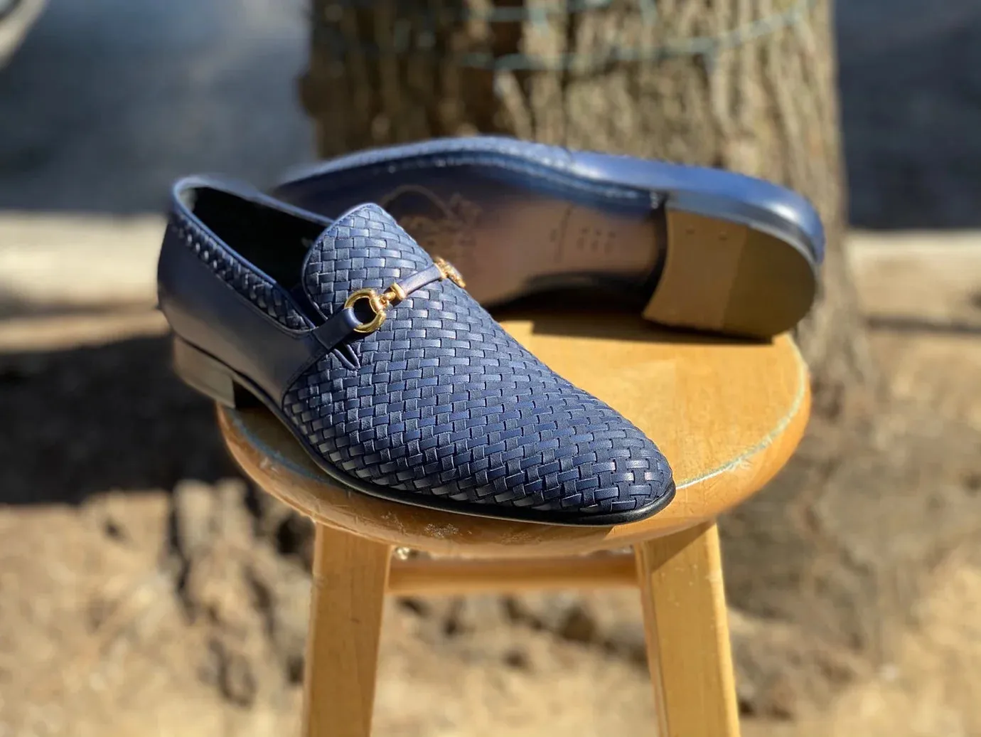 Navy Blue Woven Leather and Suede Bit loafer for men By Corrente