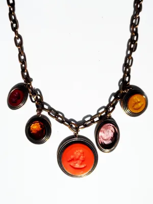 Necklace Bib Of Multi Intaglios  Orange and Pink