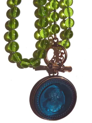 Necklace Intaglio On 30 Inch Glass Bead Deep Green Turquoise