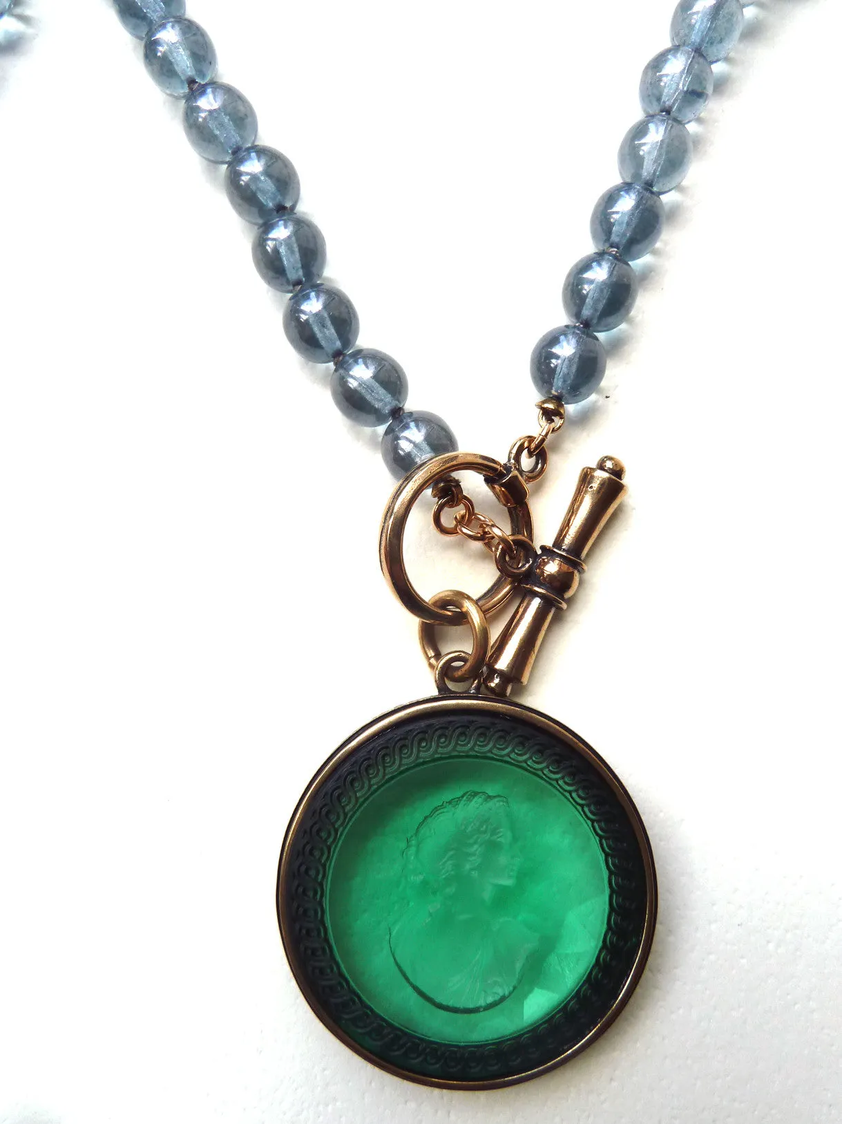 Necklace Intaglio On 30 Inch Glass Bead Periwinkle Bright Green