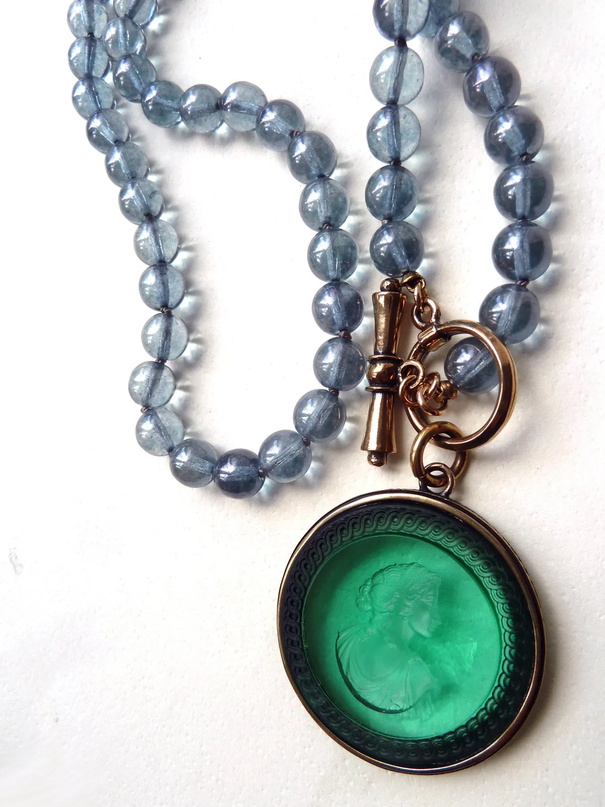 Necklace Intaglio On 30 Inch Glass Bead Periwinkle Bright Green