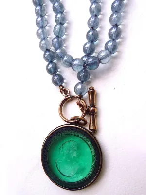 Necklace Intaglio On 30 Inch Glass Bead Periwinkle Bright Green