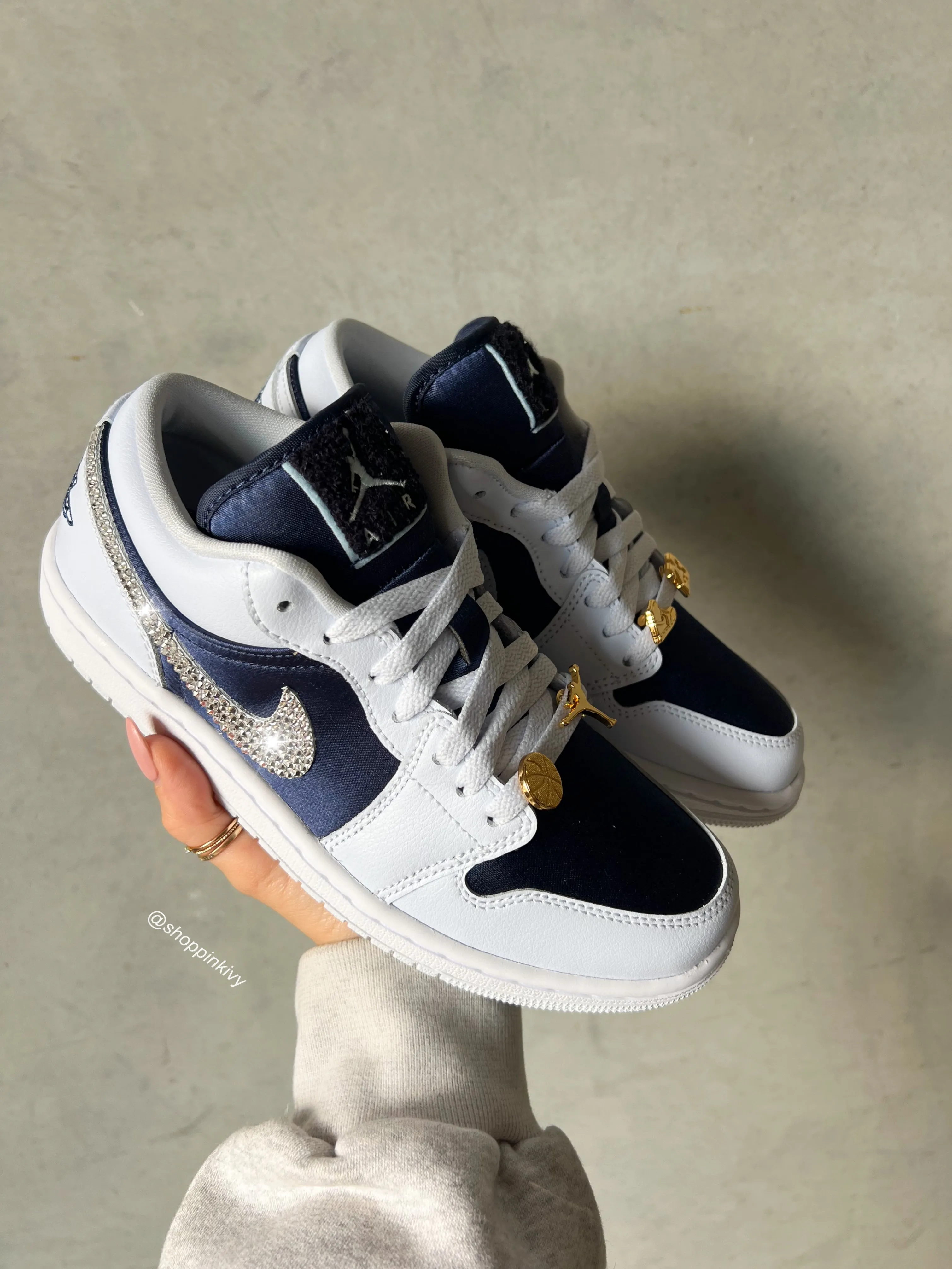 New Navy Satin Gold Swarovski Women’s Air Jordan Retro 1 Low Shoes