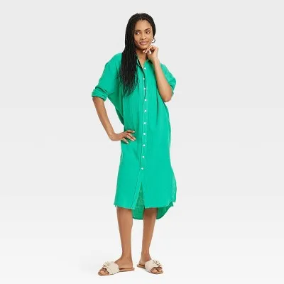 New - Women's 3/4 Sleeve Midi Shirtdress - Universal Thread Green M