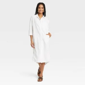 New - Women's 3/4 Sleeve Midi Shirtdress - Universal Thread White L