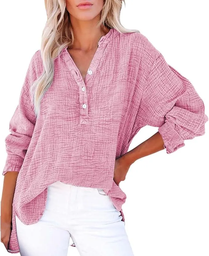 New Womens Button V Neck Shirts Solid Color Long Sleeve Blouse Oversized Going Out Fall Clothes Trendy Tunic Top, Pink, Sz 2X