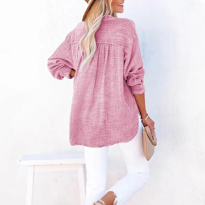 New Womens Button V Neck Shirts Solid Color Long Sleeve Blouse Oversized Going Out Fall Clothes Trendy Tunic Top, Pink, Sz 2X