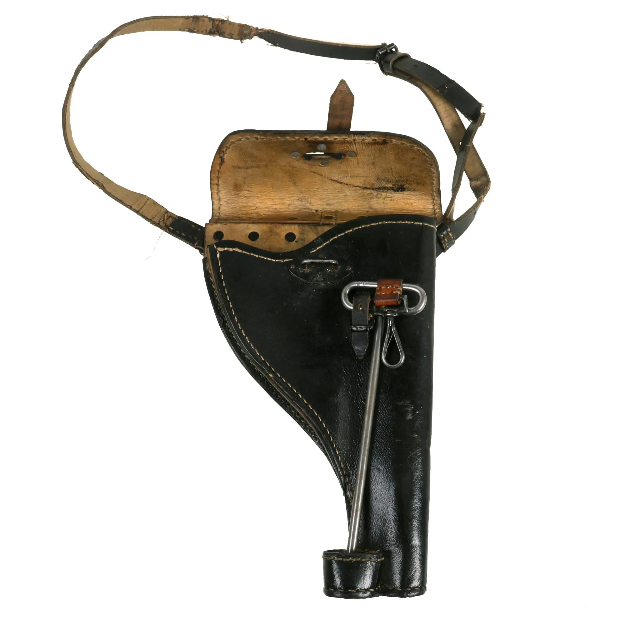 Original German WWII 1941 Dated Black Preßstoff & Leather Flare Signal Pistol Holster by Curt Vogel K.G. with Cleaning Rod and Shoulder Strap