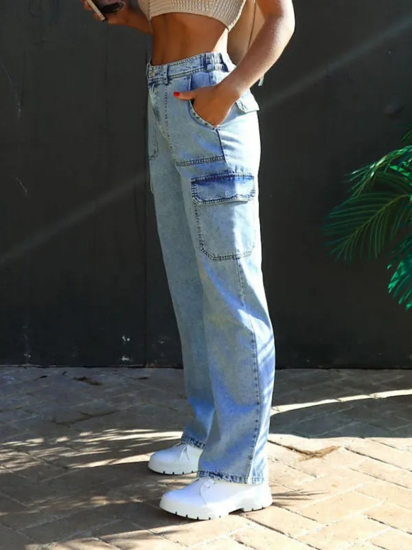 Pure cotton washed denim multi-pocket non-stretch overalls