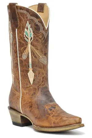 Roper Footwear Ladies Waxy Brown Snip Toe Boots with Arrow/Feather Embroidered Tops