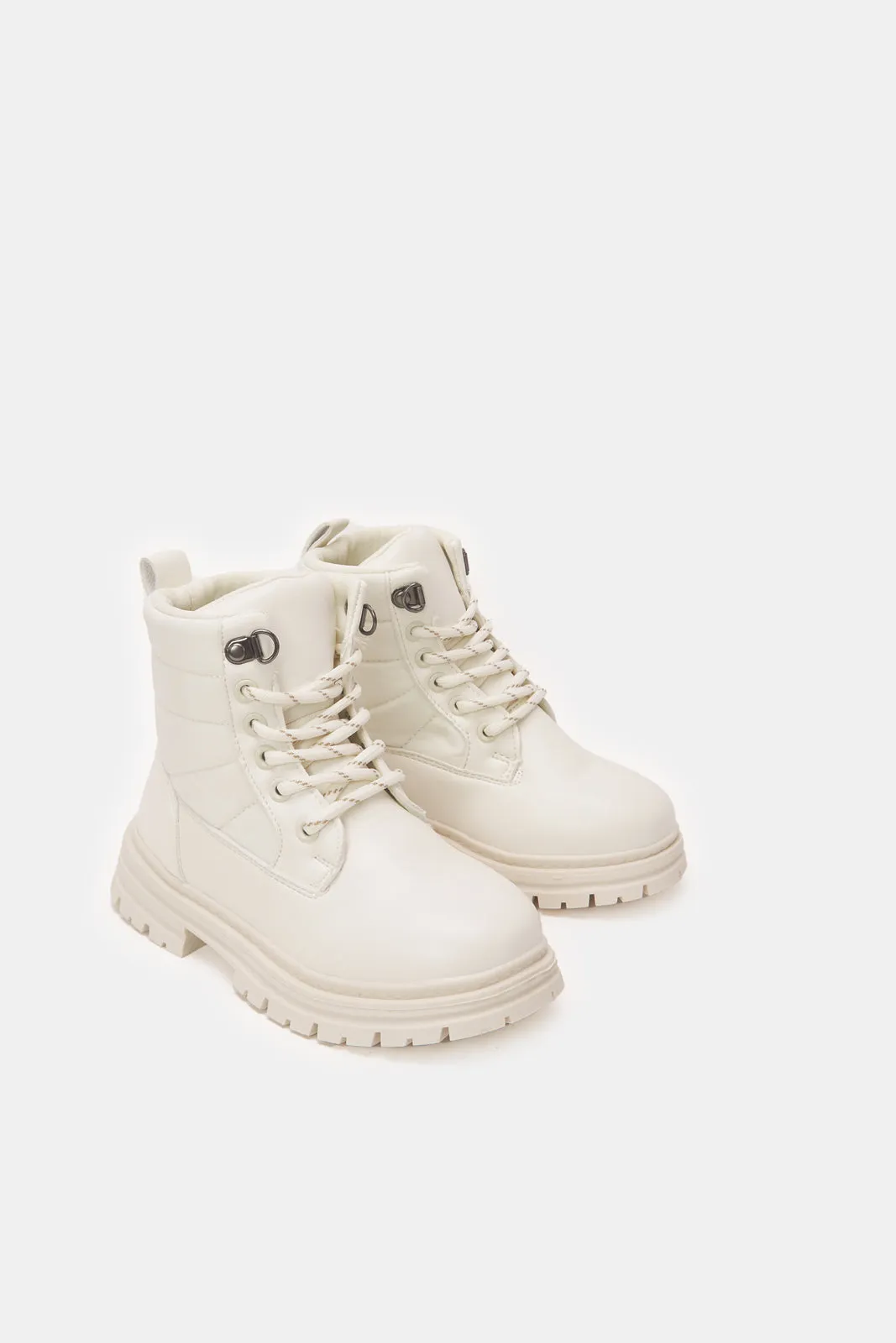 Senior Girls White Chunky Ankle Boots